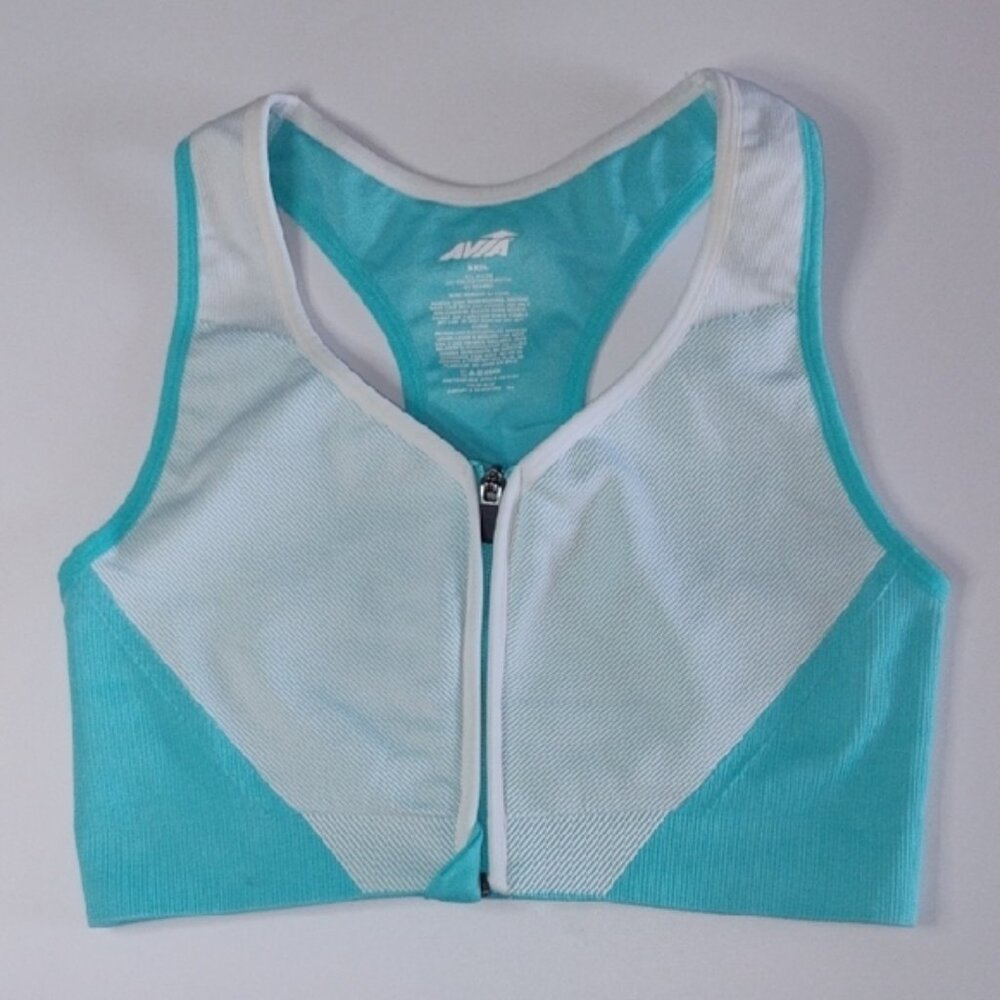 Avia Teal Blue Zip Up White Racerback Sports Bra Size XXXL Athletic Training Gym